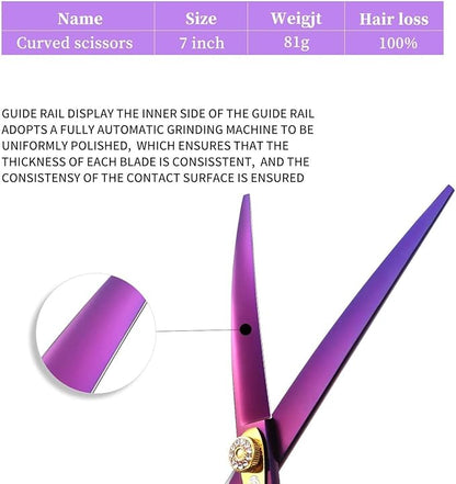 Dream Reach 7.0 inches Professional Decompressed Elastic Handle Pet Grooming Scissors Set,Straight & Chunker & 2 Curved scissors 4pcs set for Dog grooming (Purple) (Down-curved Scissor)