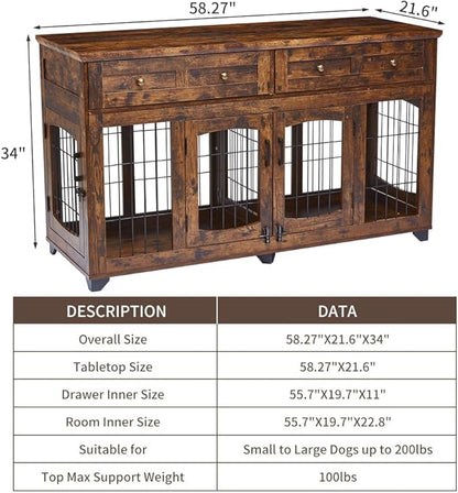 2 Rooms Dog Crate Furniture for Big Breed,58" Wooden Dog Crate Table with 2 Drawers,Indoor Dog Kennel,Dog House,Dog Cage,TV Stand (Brown)
