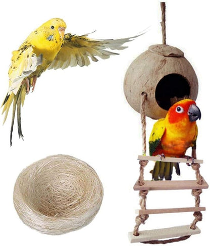PINVNBY Coconut Bird Nest Hut with Ladder, Coconut Hide Lovebird House Hanging Toy for Budgies Parakeet Cockatiels Conure Canary Finch Pigeon (with Natural Coconut Fiber)