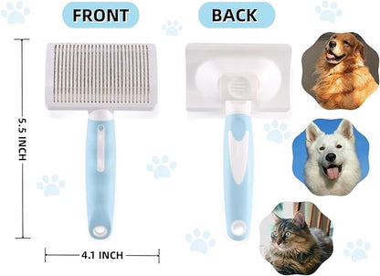 Dog Self-Cleaning Slicker Brush with One Button Fur Removal Deshedding Brush for Dogs and Cats with Medium or Long Hair Remove Loose Undercoat Blue