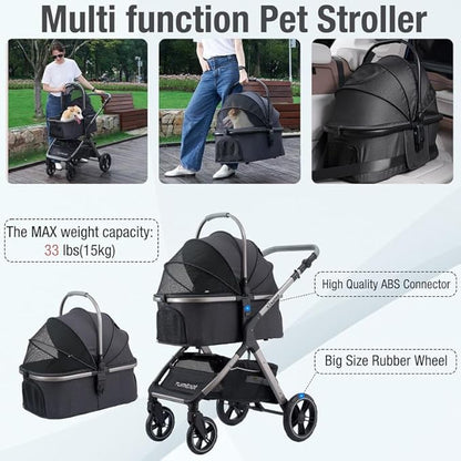 Pet Stroller for Small Medium Dogs, Cat Stroller Travel System Four Wheel Dog Stroller with Carrier, Zipperless Entry/Cup Holder/Storage Basket