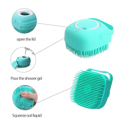 ELEGX Pet Grooming Bath Massage Brush with Soap and Shampoo Dispenser Soft Silicone Bristle for Long Short Haired Dogs Cats Shower (Pink)