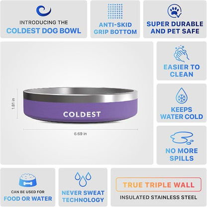 Coldest Dog Bowl - Anti Rust Metal, Non Slip, 3 Layers Insulated Stainless Steel Dog Bowls - Spill Proof & Heavy Duty - Water Bowl for Dogs, Cats & Pets, Dish Washer Safe (21 oz, Galaxy Purple)