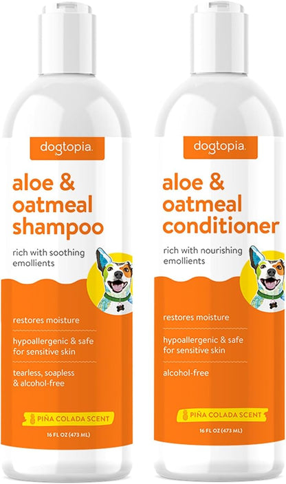 Aloe & Oatmeal Dog Shampoo and Conditioner Combo - Skin Safe Hydration, Emollient Rich, Moisturizing (Shampoo & Conditioner Set) - 2X 16oz Bottles w/Pina Colada Scent