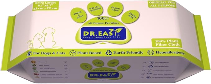 DR.EASY All Purpose Pet Grooming Wipes 100Ct Plant Based Ingredients for Paws,Body,Nose &Bum Cleaning,Remove Dirt,Dander & Excess Hair with Soft and Thick Wipes,No Fragrance