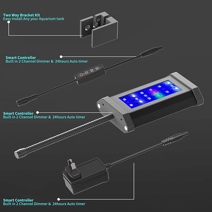 Lominie Small LED Aquarium Light Full Spectrum, 2-Channel Dimmable Fish Tank Light with Adjustable Gooseneck for Saltwater, Coral Nano Tank (Saltwater)