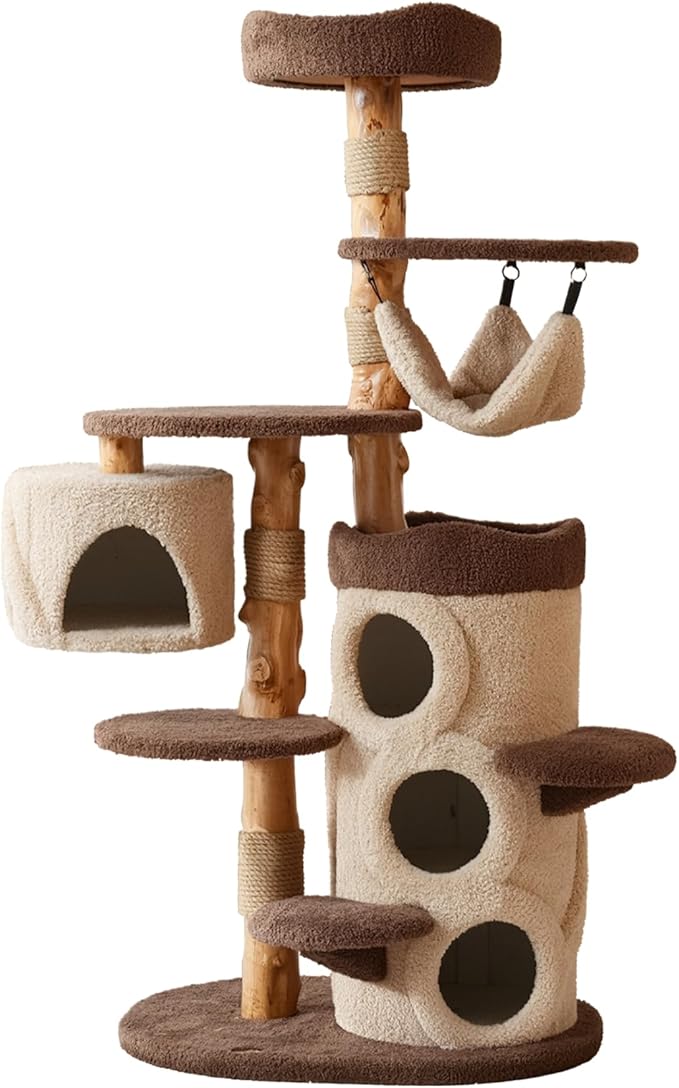 68 Inch Tall Mid Century Modern Solid Wood Cat Tree Tower for Indoor Cats Large Adult, Sturdy Heavy-Duty Cat Condo with Scratching Post, Perch, Scratcher, Platform, Cozy Hideaway (Brown, 68“H)