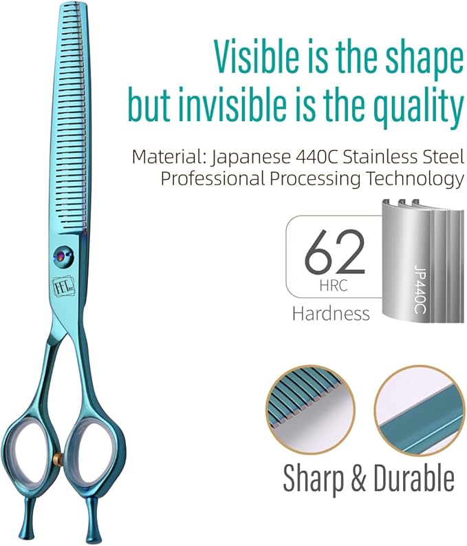 Dog Grooming Scissors: Blueish Green 7 inch Pet Blender Shears Made Of Japanese 440C Advanced Stainless Steel Professional Grooming Scissors for Dogs Cats and Other Pets