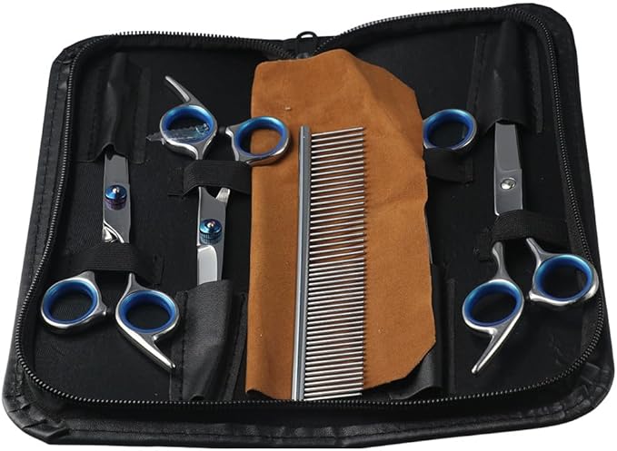 Dog Grooming Scissors, Stainless Steel 5 in 1 Dog Grooming Scissors, with Safety Round TipsProfessional Dog Grooming Kit(Blue)