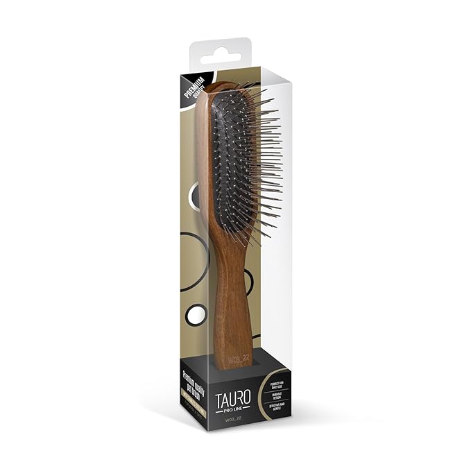 TAURO PRO LINE Wooden Dog Brush for Detangle Long and Short Hair, Wooden Soft Massage Brush for Grooming Haired Dogs and Cats, Flexible Cushion and Non-Slip Grip, Oval, 8,85 x 2,36 inch, Brown