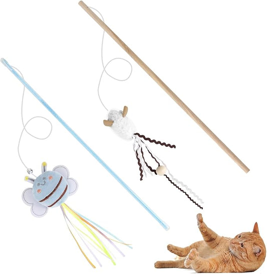 NOWFRESH Cat Wand Toy Set, 2 PCS Interactive Cat Teaser Wands with Cute Bee & Mouse Designs, Equipped with Bells and Streamers to Captivate Your Cat’s Attention