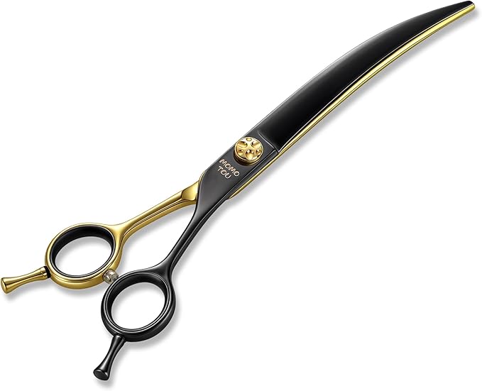 7'' Professional Curved Dog Grooming Scissors with Decorative Screw Sharp and Durable Black and Golden 440C Stainless Steel Dog Shears Easy Use for Groomers and Home User