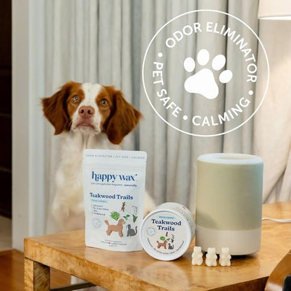 Happy Wax Teakwood Trails Wax Melts for Pet Owners  Odor Eliminating, Calming, Pet-Safe, Non-Toxic, Dye-Free, Perfect for Use with Wax Warmers - 4 oz Pouch