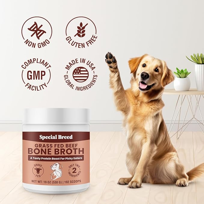 19oz Bone Broth Powder for Dogs and Cats - 192 Scoops - Dog and Cat Food Topper, Grass Fed Beef Broth Supplement