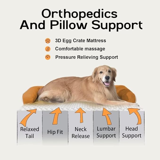 Large Dog Bed Orthopedic Washable, Orthopedic Dog Beds for Large Dogs, Washable Cover Removable Bolster and Non-Slip Bottom Large Pet Beds, XL XLarge Extra Large Dogs - Orange Dog Bed