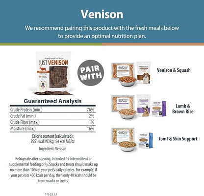 JustFoodForDogs Venison Dog Treats, Single-Ingredient Healthy Dog Treats, Made in The USA, 5 oz