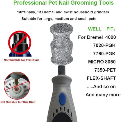 Diamond fit Dremel Bit for Dog Nails - Fits Dremel Nail Grinder Attachment Replacement Refill, Heavy Duty 1/8'' Rotary Tool for Pro-Level Pet Grooming,for Thick Nail Trimming on Large,Medium Dogs