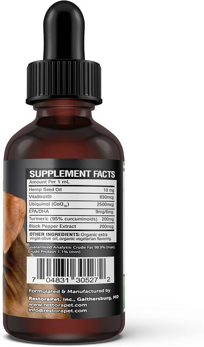 RestoraPet PM Formula Organic Wellness Oil Dogs and Cats 600mg Anti-Inflammatory Liquid Drops Promote Joint Pain Relief and Mobility with Organic Turmeric Curcumin CoQ10  Bacon Flavor 2 oz.