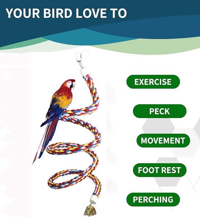2PCSx 79inch(200cm) Bird Spiral Rope with Golden Bell Perches Birdcage Swing Toys 100% Cotton Natural Bird Perch Peck/Chewing Climbing Standing Bungee Parrot Toys for Regular to Large Size Parrot