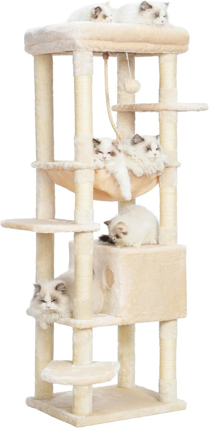 Heybly Cat Tree for Large Cats 20lbs Heavy Duty,60 inches XXL Cat Tower for Indoor Cats, Multi-Level Furniture Condo with Big Padded Plush Perch, Cozy Basket, Beige HCT050M