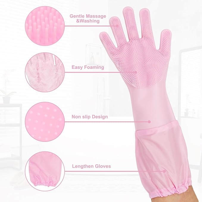 6PCS Pet Grooming Set - Lengthen Dog Washing Gloves, Dog Bath Brush, Dog Toothbrush Finger, Dog Shampoo Brush, Silicone Pet Bathing Gloves for Gentle Cleaning, Massaging, Shedding (Pink Grooming Set)