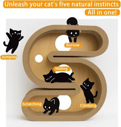 3-in-1 S-Shaped Cat Scratcher Tunnel & Cat Tree – Large Cat Furniture for Climbing, Scratching, Hiding & Play, Multi-Entry Maze Design, 37"x41.7"x11.8