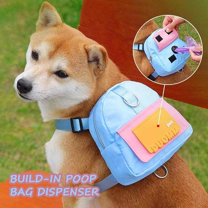 Dog Backpack Harness with Leash,Cute Pet Puppy Backpacks Bulid-in Dog Poop Bag Dispenser,Adjustable Pets Self Carrier Bag for Small Medium Dogs Travel Hiking Daily Walking (M, Blue)