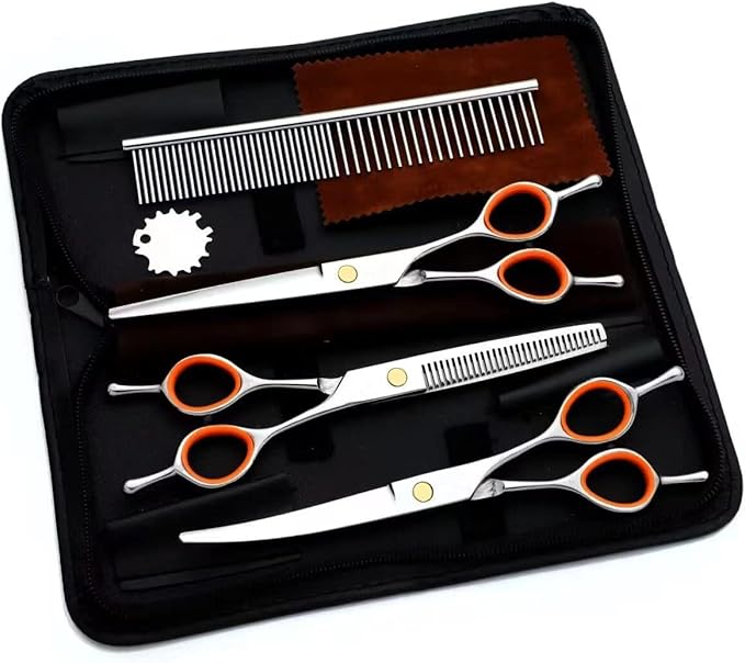 AIRY 7.5-in Professional Dog Grooming Scissors Set - Premium Stainless Steel Scissors Kit Including Straight Cutting, Thinning Shears, Curved Scissors,Comb and Storage Bag,Pet Grooming Kit for Dogs