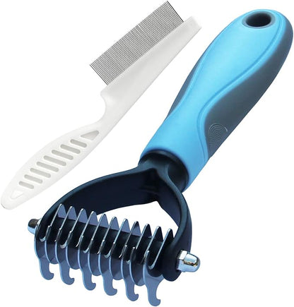 Double-Sided Pet Grooming Rake Comb for Dogs and Cats - Undercoat Dematting Tool with Flea Comb Set (Blue/11 tooth)