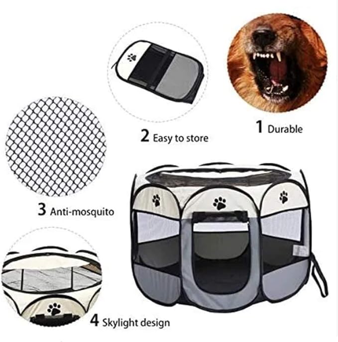 Dog playpen, Foldable Puppy Playpen, Pet Playpen Carrier Pop Up Tent 8-Panel Mesh Cover Adorable Design 600D Soft Oxford Playpen Kennel for Indoor-Outdoor Dog Cat Rabbit. (S 28" * 28" * 18", Gray)