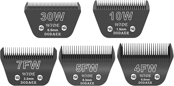 30W+10W+7FW+5FW+4FW Wide Blades for Dog Grooming,Compatible with Andis,Oster A5,Wahl km10 Clippers,Cutting Length 1/50" to 3/8",5 Pack(Black)
