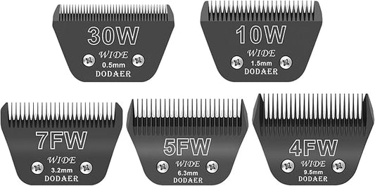 30W+10W+7FW+5FW+4FW Wide Blades for Dog Grooming,Compatible with Andis,Oster A5,Wahl km10 Clippers,Cutting Length 1/50" to 3/8",5 Pack(Black)