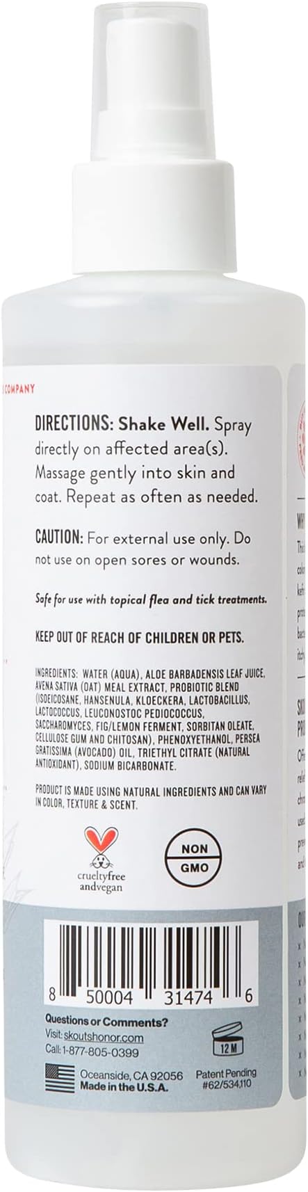 SKOUT'S HONOR Probiotic Itch Relief Spray for Pets - Non-Medicated, Fragrance-Free, Natural, Vegan, Long-Lasting Relief, with Soothing Oatmeal, 8 oz