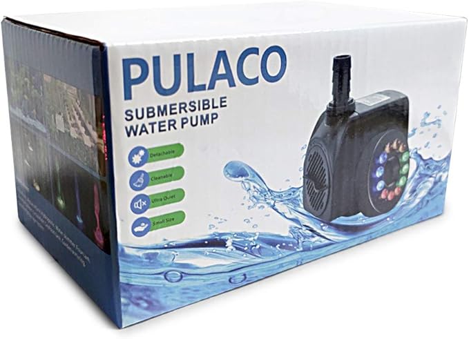 PULACO 10Watt 160GPH Submersible Fountain Pump with Automatic Color Changing LED Light and flow regulator for Water Feature, Outdoor Pond, Aquarium fish tanks
