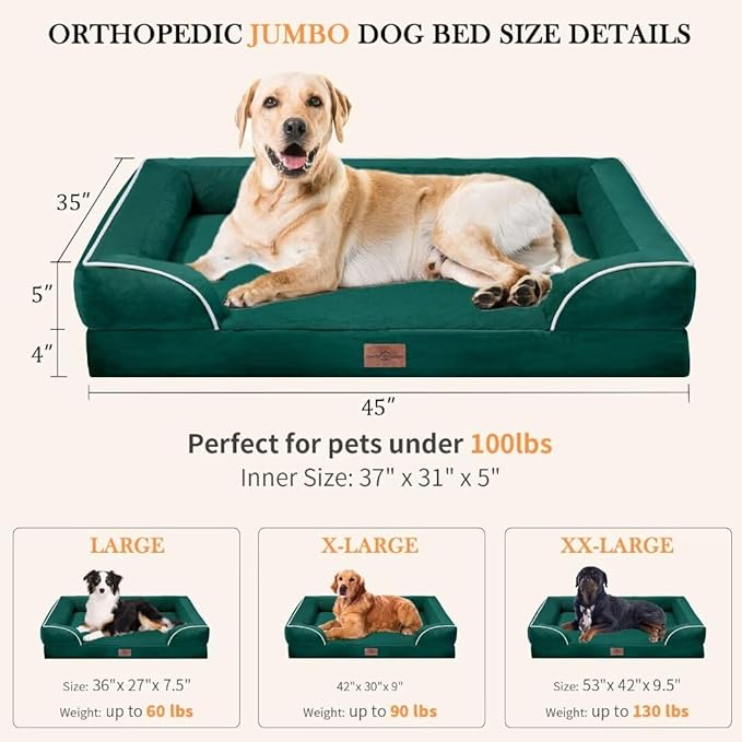 Extra Large Dog Beds Jumbo Breed, Orthopedic Dog Bed Waterproof, PV Washable Dog Sofa Bed with Removable Cover & Non-Slip Bottom(Jumbo,Emerald)