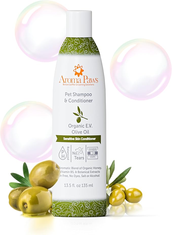 Dog Shampoo and Conditioner - Aromatic Tearless Shampoo for Cleansing, Grooming, and Conditioning - Moisturizing Anti Itch Shampoo for Dogs and Puppies - Organic E.V. Olive Oil 13.5 oz