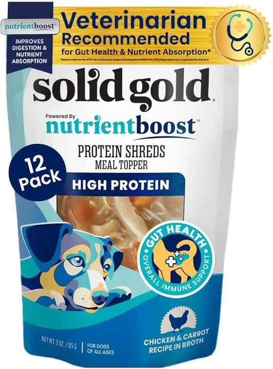 Solid Gold Dog Food Topper - 12 Pack Protein Shreds Wet Dog Food Topper w/Chicken & Carrots - High Protein Meal Toppers for Dogs to Support Muscle Growth and Overall Immunity