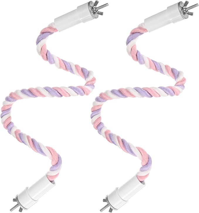 2-Pack Rope Perches for Bird Cages, 23.6 in Length Comfort Grip Flexible Rope Perch Beak & Paw Grinding for Parrots/Cockatiels/Parakeets, Bird Platform Sand [Pink Purple]