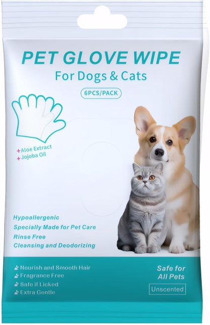Pet Glove Wipe for Dogs & Cats, Hypoallergenic, Rinse Free, Cleansing and Deodorizing, Cat & Dog Wipes for Paws and Butt, 6 PCS/Pack (1Pack)