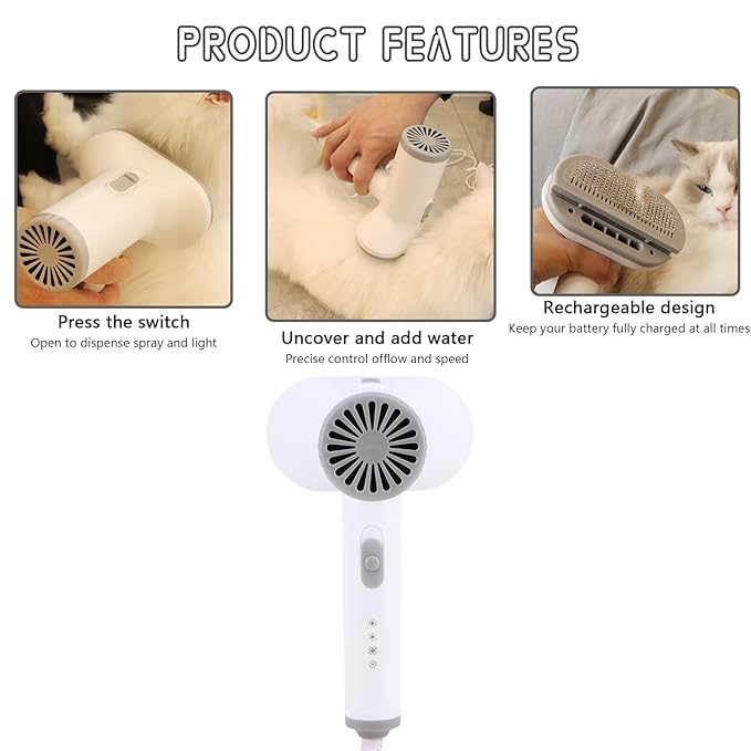 2-in-1 Dog Hair Dryer and Brush - Low Noise Operation, Overheating Protection, 3 Temperature & Airflow Settings, Self-Cleaning Button - Ideal Dog Brush for Short Haired Dogs (White Grey)