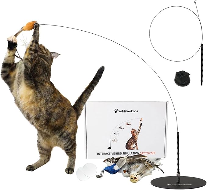 Interactive Bird Simulation Cat Toy Set, Interactive Cat Toys for Indoor Cats, Cat Feather Toy, Self-Holding Suction Base, 5 Replacement Birds, Feathers & Bells (Standard Hybrid Bundle)