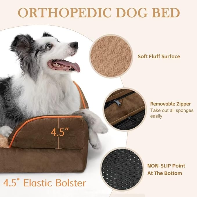 Cooling Dog Bed Orthopedic, Memory Foam Dog Bed for Large Dogs, Waterproof Dog Beds, Washable Dog Bed with Removable Cover,Pet Bed Dog Sofa with Bolster(Large,Khaki Brown)