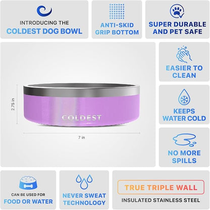 Coldest Dog Bowl - Anti Rust Metal, Non Slip, 3 Layers Insulated Stainless Steel Dog Bowls - Spill Proof & Heavy Duty - Water Bowl for Dogs, Cats, Dish Washer Safe (42 oz, Saturns Purple Glitter)