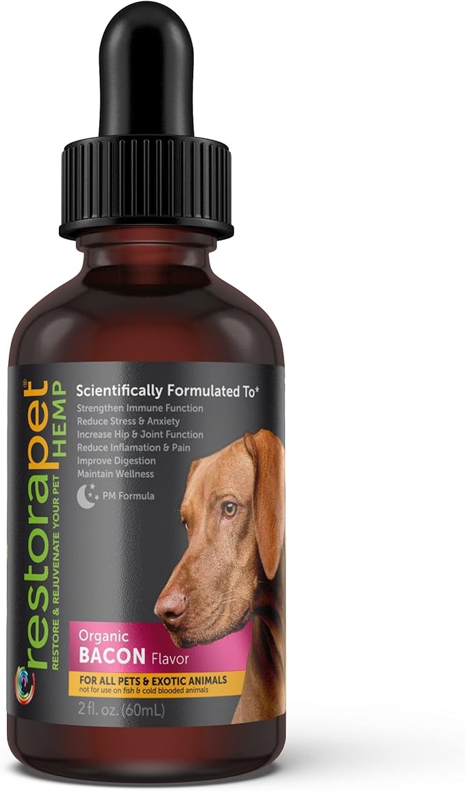 RestoraPet PM Formula Organic Wellness Oil Dogs and Cats 600mg Anti-Inflammatory Liquid Drops Promote Joint Pain Relief and Mobility with Organic Turmeric Curcumin CoQ10  Bacon Flavor 2 oz.