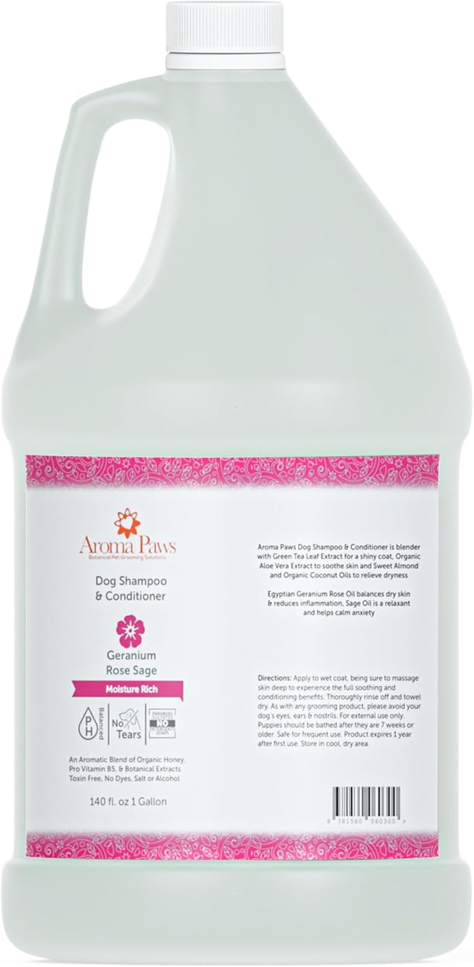 Dog Shampoo and Conditioner - Aromatic Tearless Shampoo for Cleansing, Grooming, and Conditioning - Moisturizing Shampoo for Dogs and Puppies - Geranium Sage, 1 Gallon