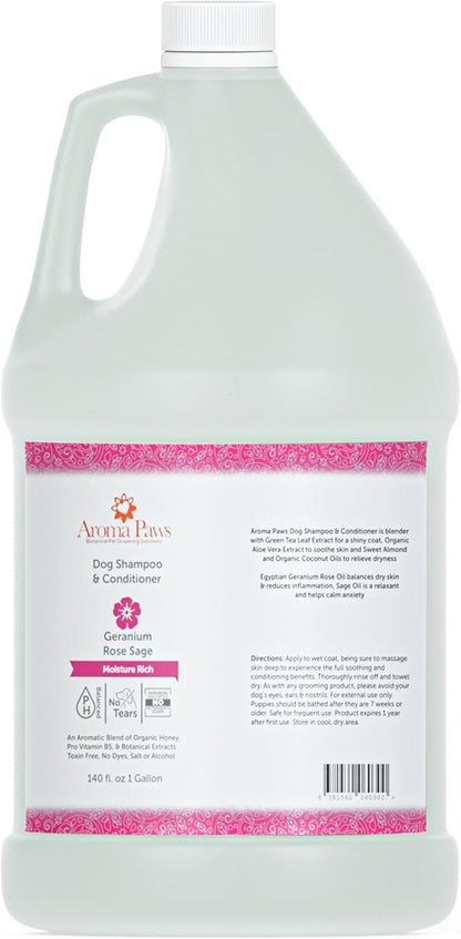 Dog Shampoo and Conditioner - Aromatic Tearless Shampoo for Cleansing, Grooming, and Conditioning - Moisturizing Shampoo for Dogs and Puppies - Geranium Sage, 1 Gallon
