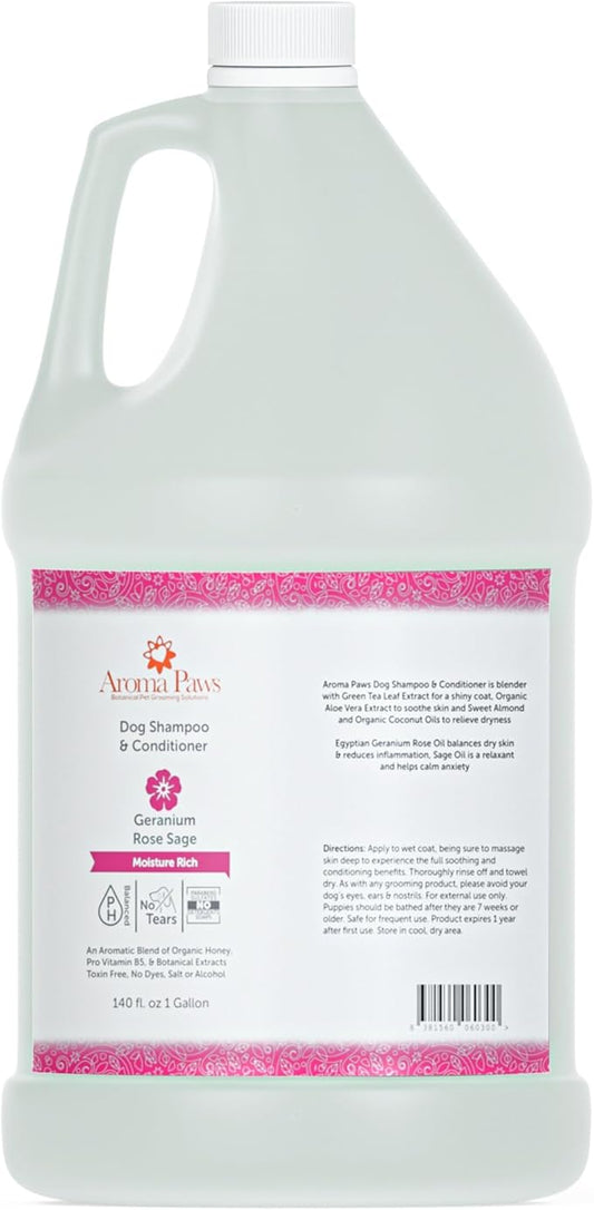 Dog Shampoo and Conditioner - Aromatic Tearless Shampoo for Cleansing, Grooming, and Conditioning - Moisturizing Shampoo for Dogs and Puppies - Geranium Sage, 1 Gallon