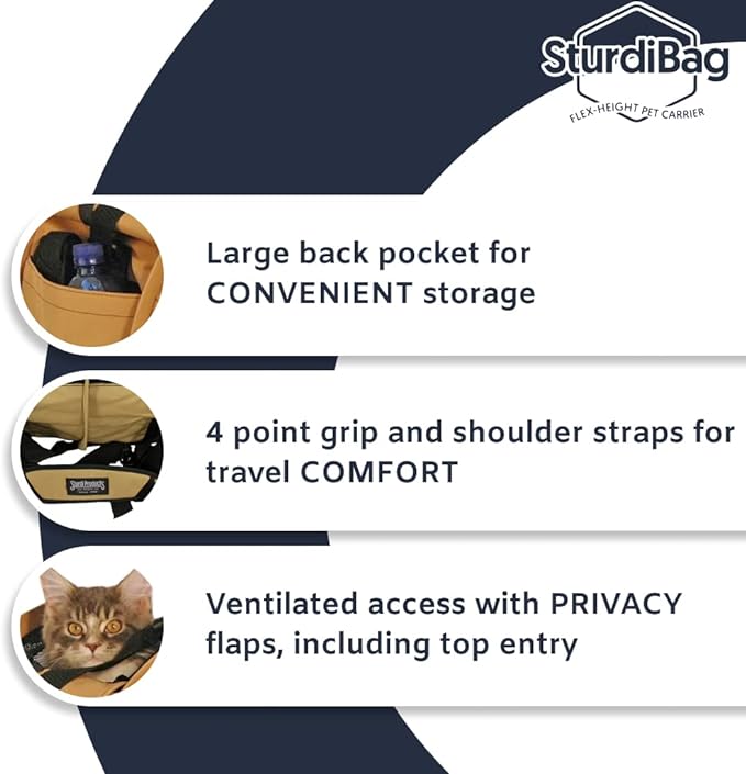 SturdiBag XL Pet Travel Carrier: Flexible Height for Cat and Dog Soft Sided with Safety Clips and Seatbelt Straps | Black, 20" x 16" x 12" (PN: SB3-PRO-BL)