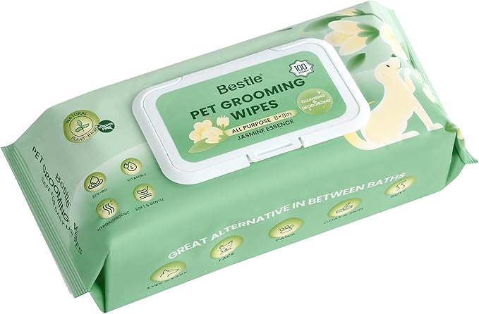Dog Wipes, 100 Count Pet Grooming Wipes, Conditioning Shine Coat, Cleaning and Deodorizing, Pet Wipes for Dogs & Cats, for Sensitive Skin (Jasmine)