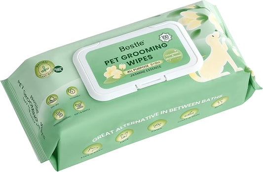 Dog Wipes, 100 Count Pet Grooming Wipes, Conditioning Shine Coat, Cleaning and Deodorizing, Pet Wipes for Dogs & Cats, for Sensitive Skin (Jasmine)